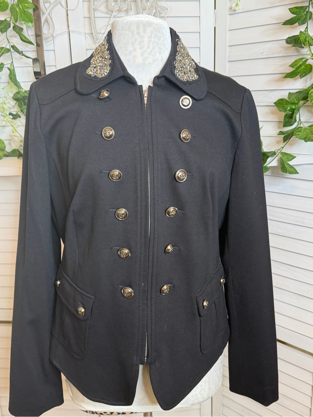 INC Military Band Jacket Black Embellished Beaded Collar Blazer Size XL - Picture 2 of 8
